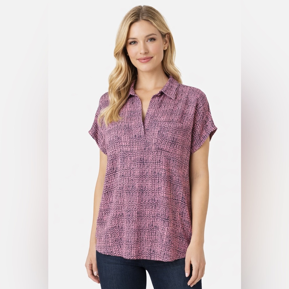 Anthropologie Pleione Pink Printed Blouse XL Flowy Pocket Top Casual Work